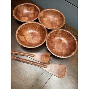 Vintage 6pc woven salad set pressed wood 4 Salad bowls 2 Utensils Retro Boho